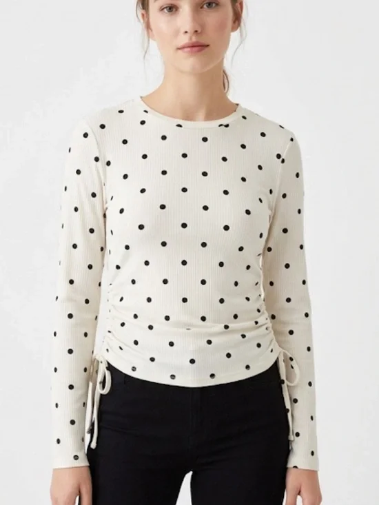 Suzy Shier Polka Dot Ruched Long Sleeve – Size L | Femme Fit | Flirty Pattern | - Picture 1 of 7